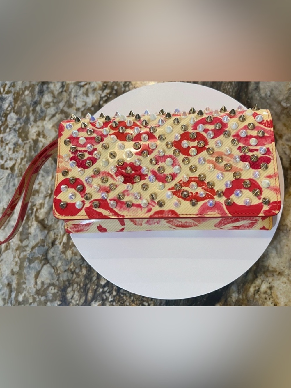 Christian Louboutin Red and Cream Studded lip print Wristlet Clutch